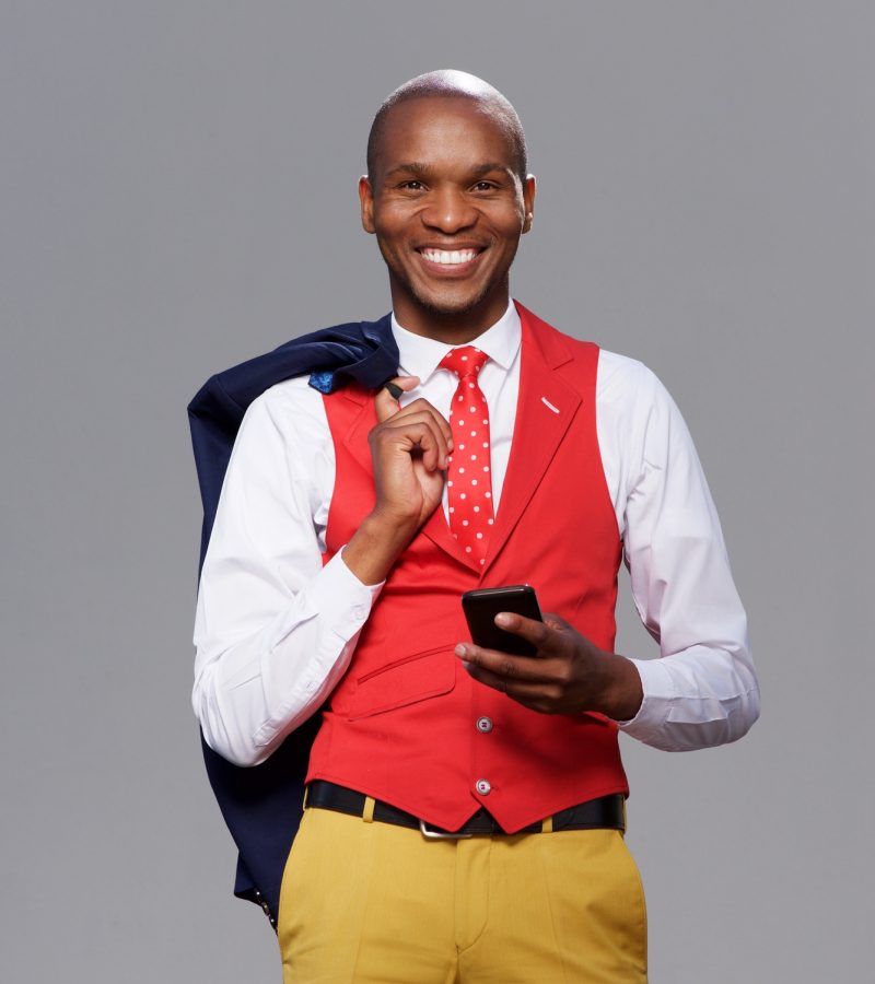 african american business man smiling with cell phone